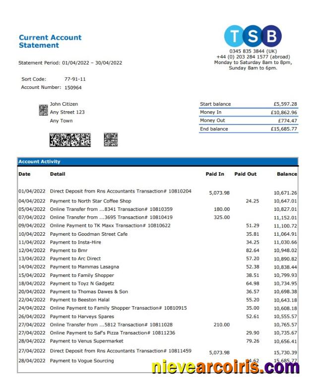 United Kingdom TSB bank statement, Excel